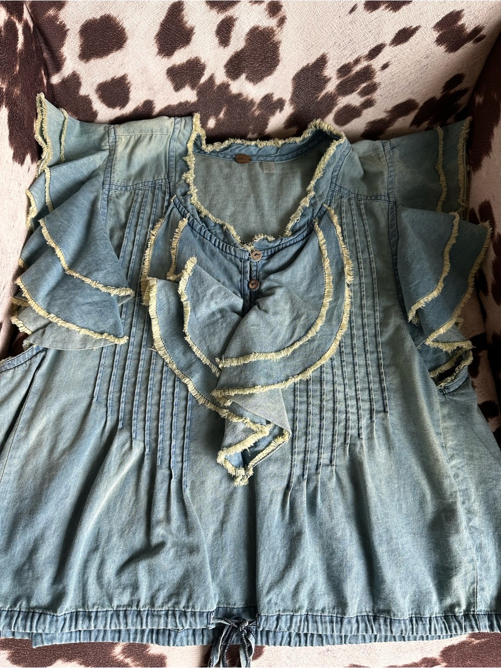 Free People Light Blue Ruffle Pintuck Blouse